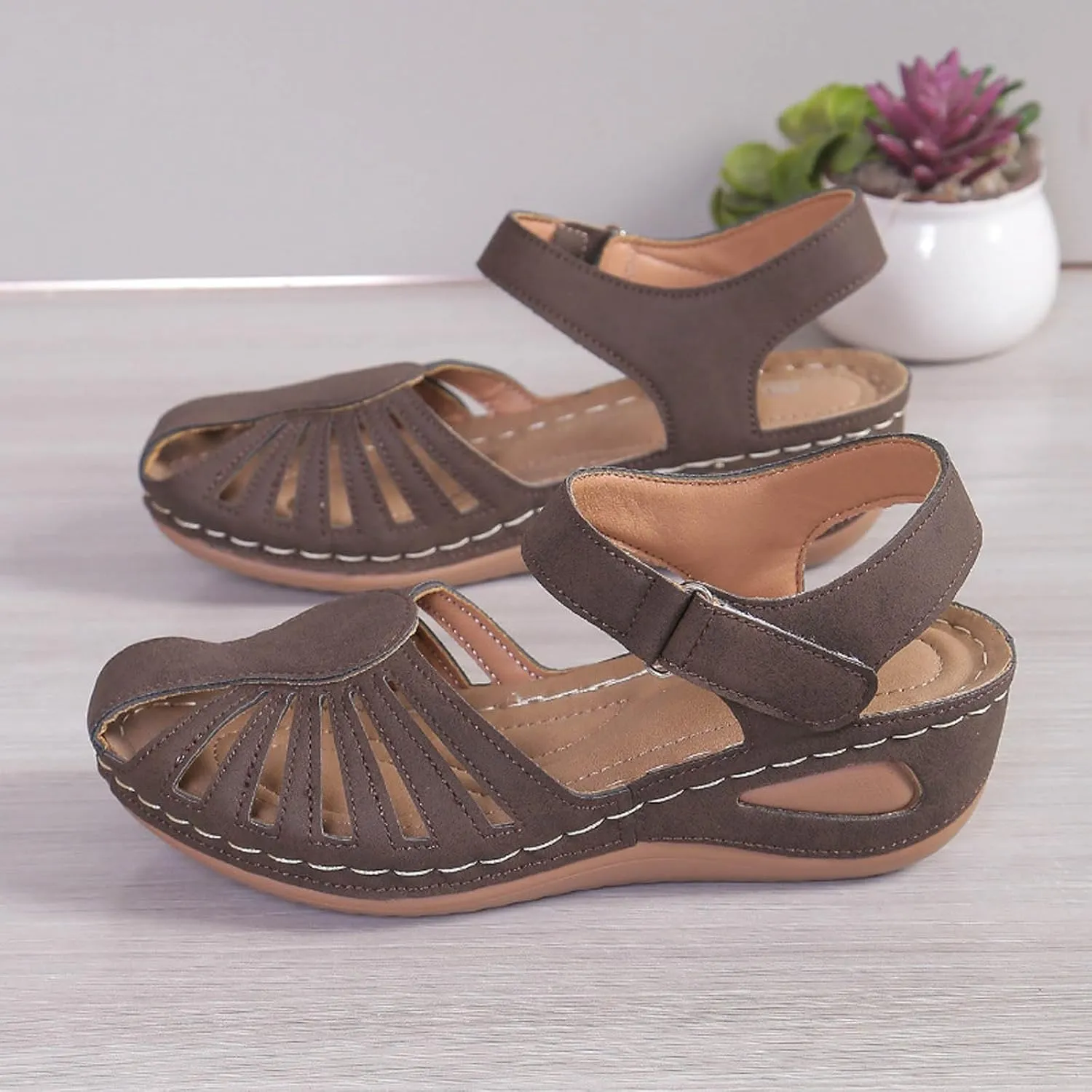 Orthopedic Wedge Sandals for Women Summer Dressy 2025 Closed Toe Sandal Womens' Arch Support Slippers Ankle Strap Non-Slip Hollow Out Wedges Beach Shoes