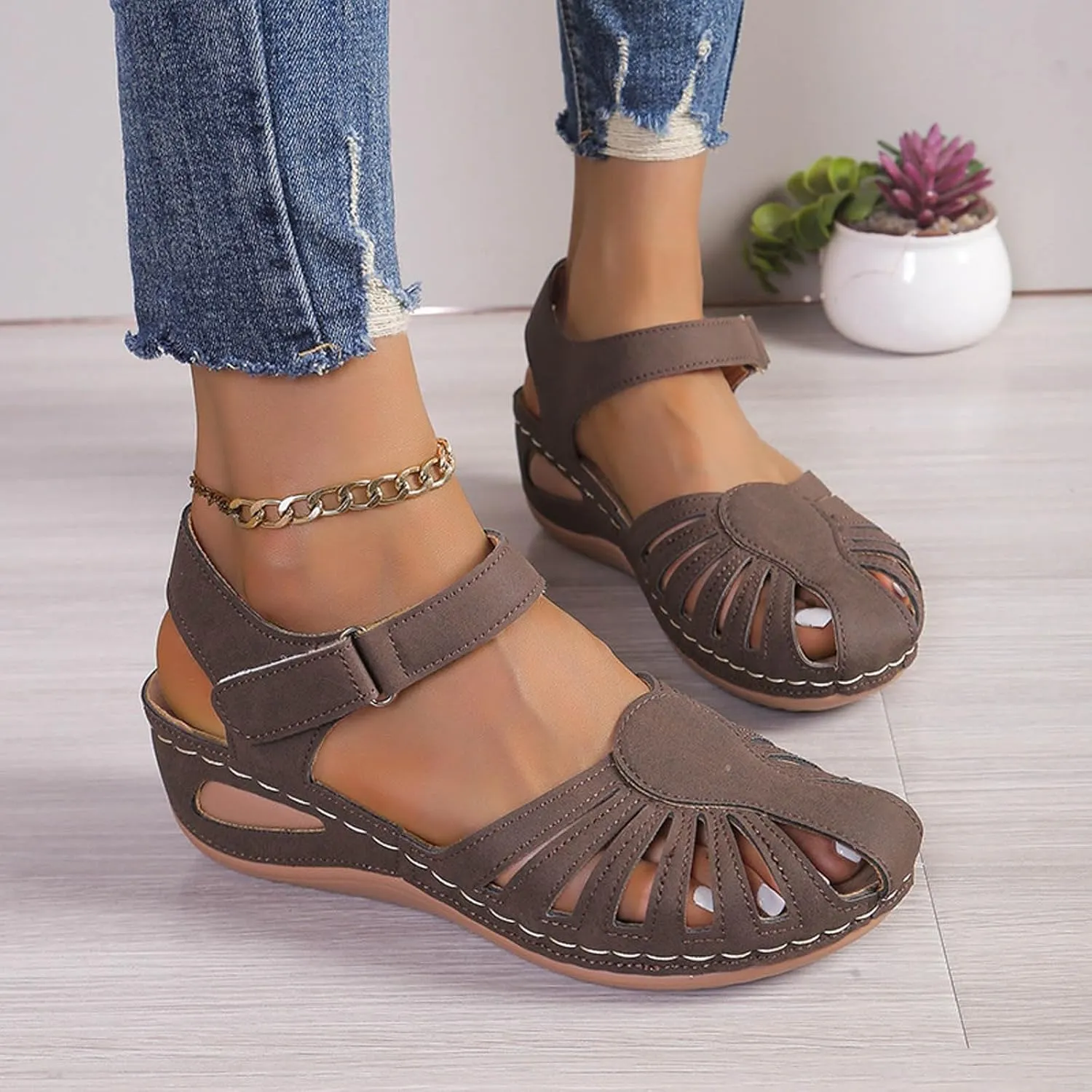 Orthopedic Wedge Sandals for Women Summer Dressy 2025 Closed Toe Sandal Womens' Arch Support Slippers Ankle Strap Non-Slip Hollow Out Wedges Beach Shoes