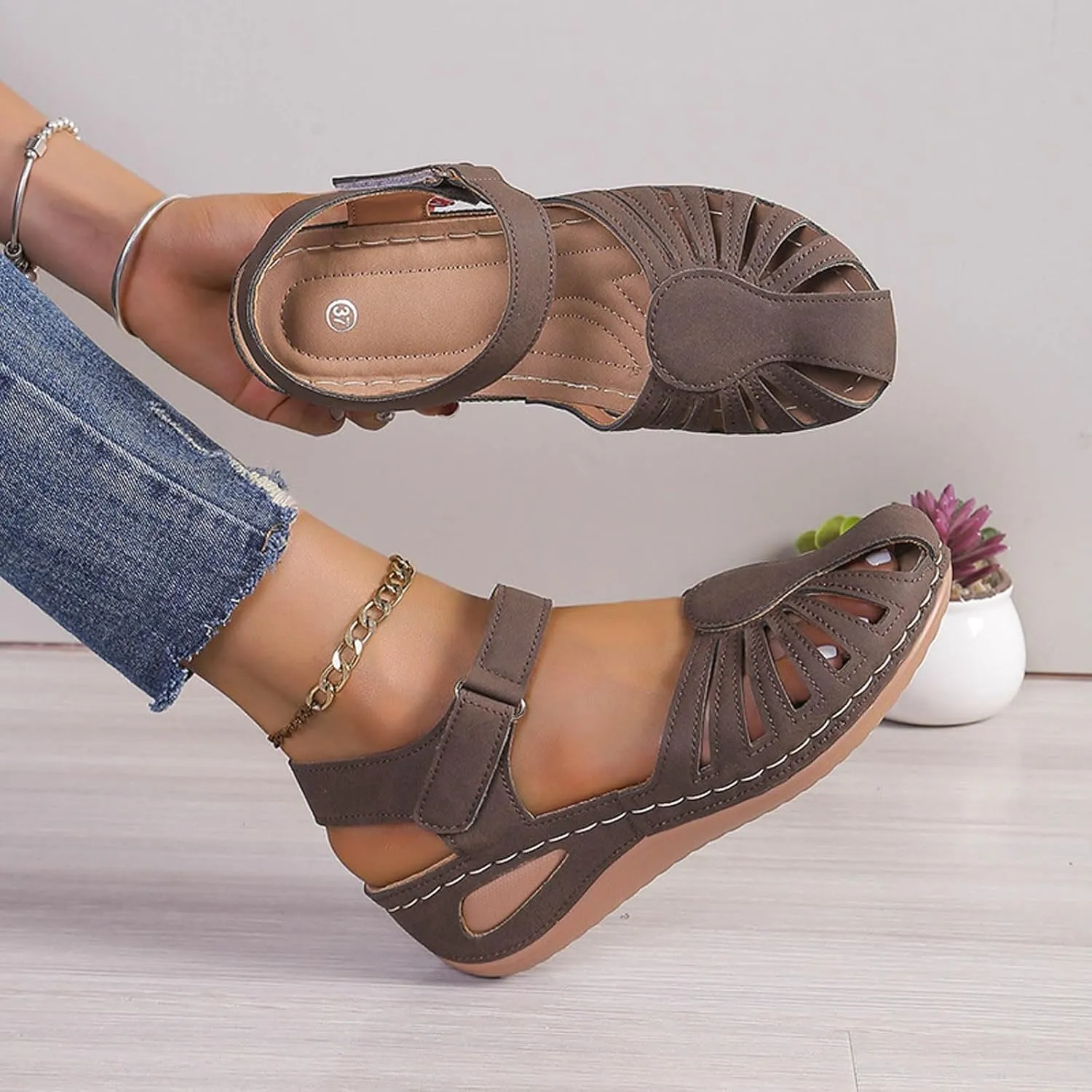 Orthopedic Wedge Sandals for Women Summer Dressy 2025 Closed Toe Sandal Womens' Arch Support Slippers Ankle Strap Non-Slip Hollow Out Wedges Beach Shoes