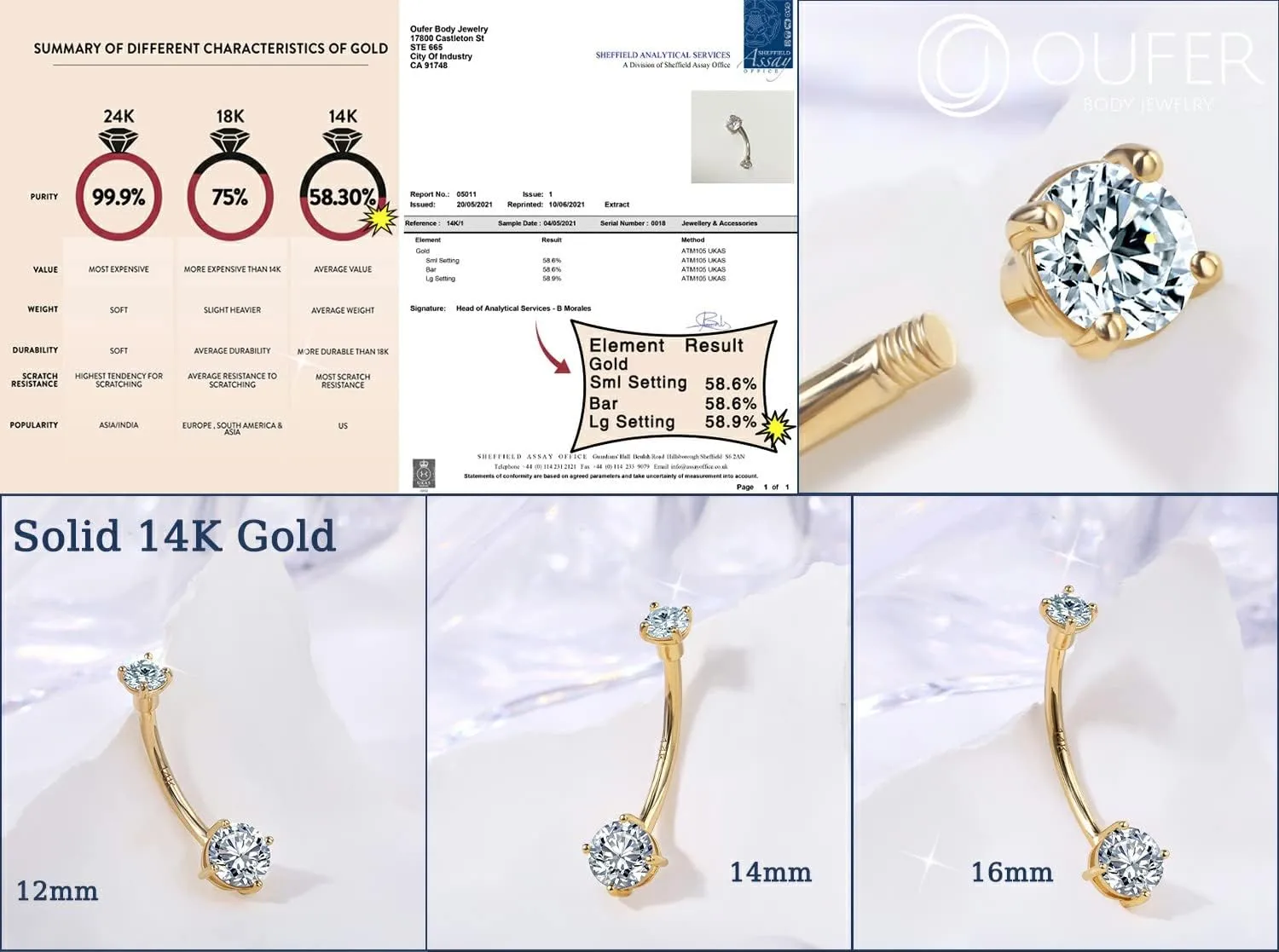OUFER Gold Belly Button Rings, 14K Solid Gold Belly Rings, Shiny Clear CZ Belly Piercing Jewelry, Navel Rings, Long Navel Belly Rings for Women Men