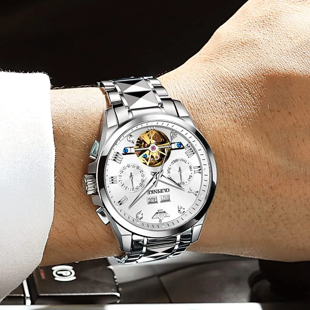 OUPINKE Watches for Men Automatic Skeleton Self Winding Dress Wrist WatchBusiness Waterproof Luminous Tungsten