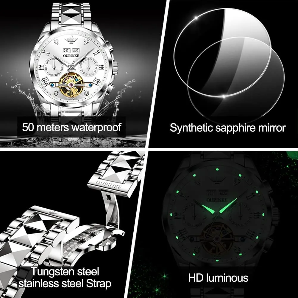 OUPINKE Watches for Men Automatic Skeleton Self Winding Dress Wrist WatchBusiness Waterproof Luminous Tungsten