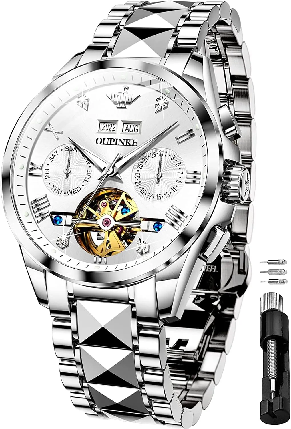 OUPINKE Watches for Men Automatic Skeleton Self Winding Dress Wrist WatchBusiness Waterproof Luminous Tungsten