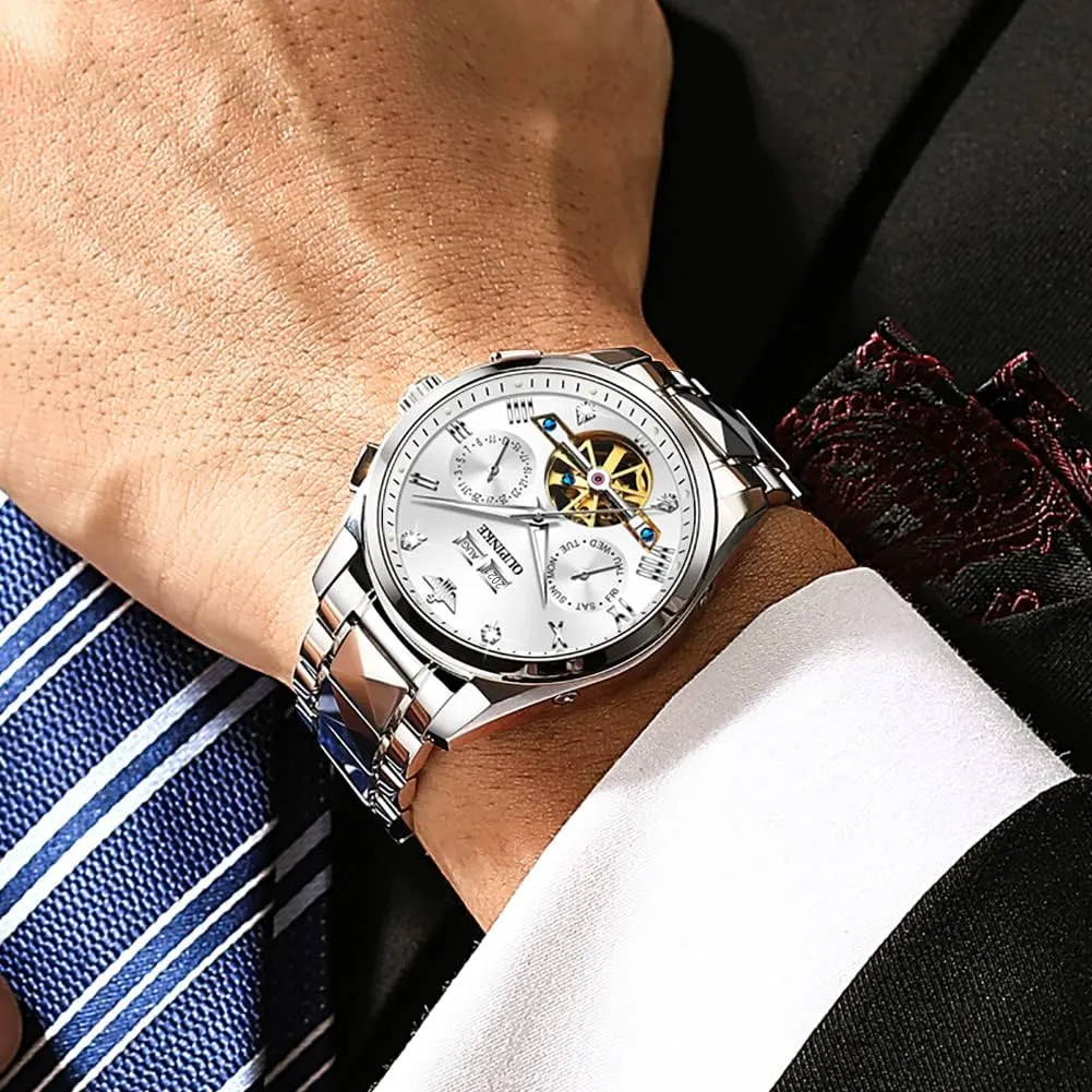 OUPINKE Watches for Men Automatic Skeleton Self Winding Dress Wrist WatchBusiness Waterproof Luminous Tungsten