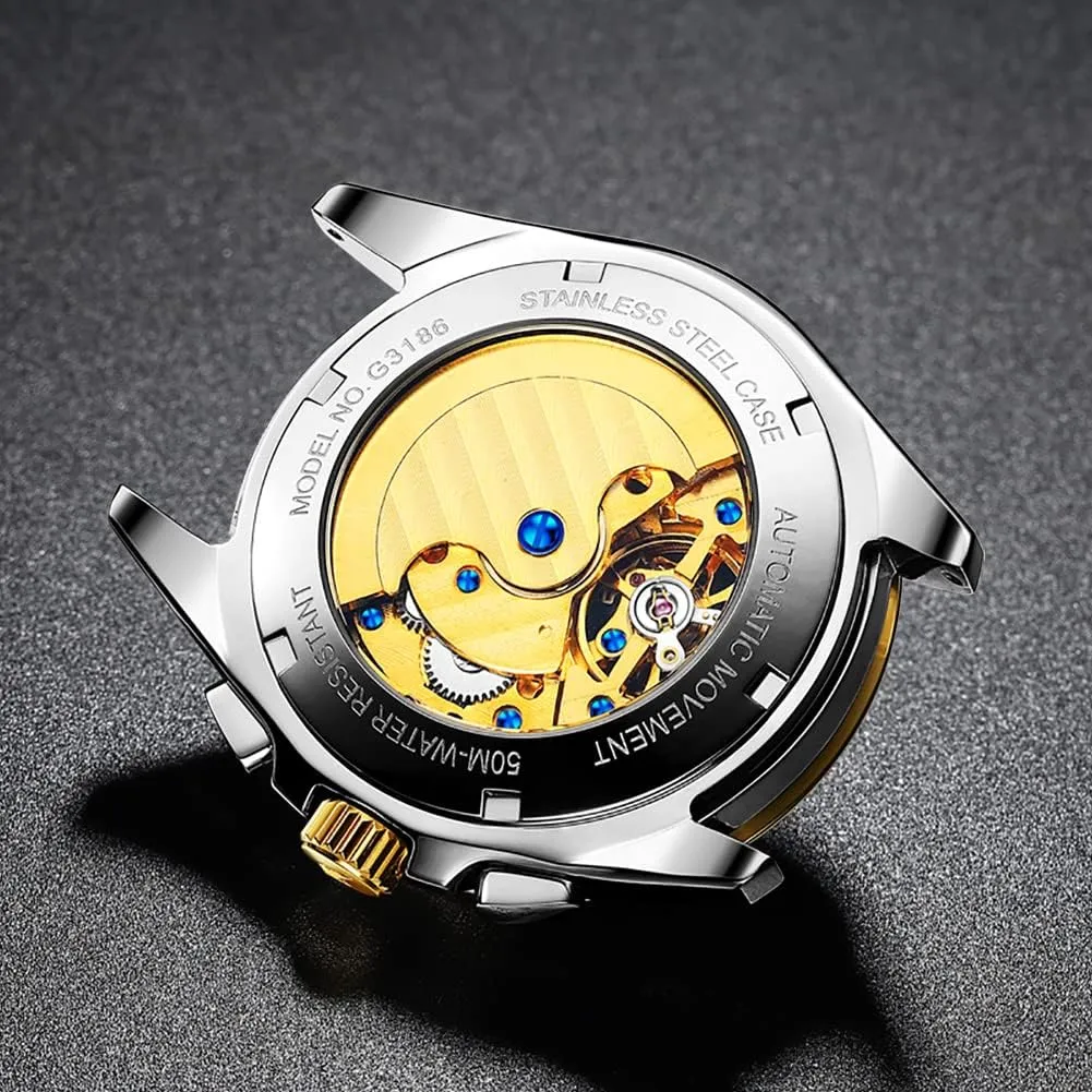OUPINKE Watches for Men Automatic Skeleton Self Winding Dress Wrist WatchBusiness Waterproof Luminous Tungsten