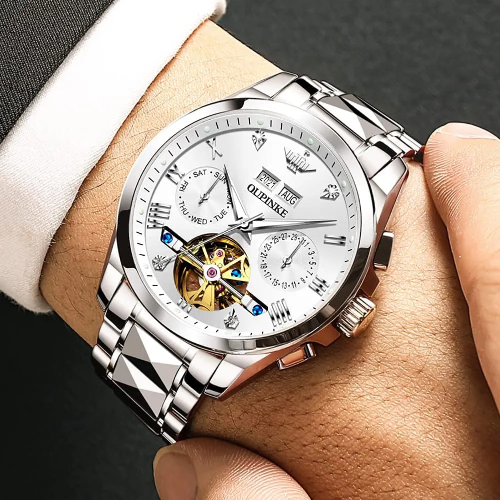 OUPINKE Watches for Men Automatic Skeleton Self Winding Dress Wrist WatchBusiness Waterproof Luminous Tungsten