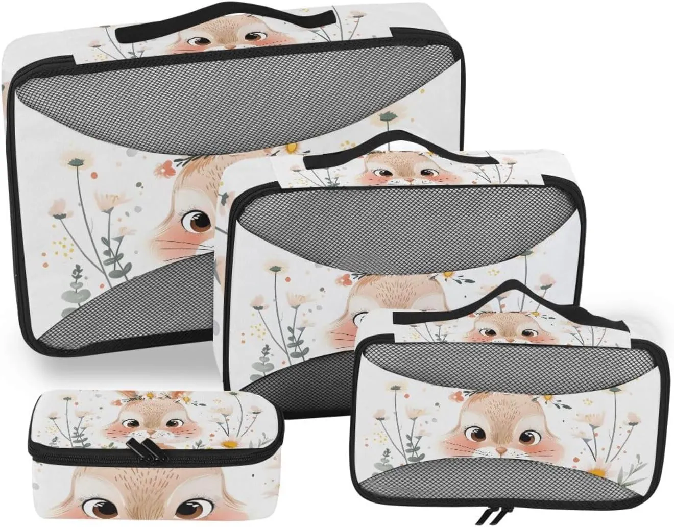 Packing Cubes for Travel 4 Set Little Bunny Flower Luggage Set Suitcase Organizer Bags Mesh Accessories Storage Pouch Toiletry Packing Cubes