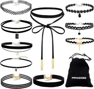 PAXCOO 10PCS Black Velvet Choker Necklaces with A Stroage Bag for Women