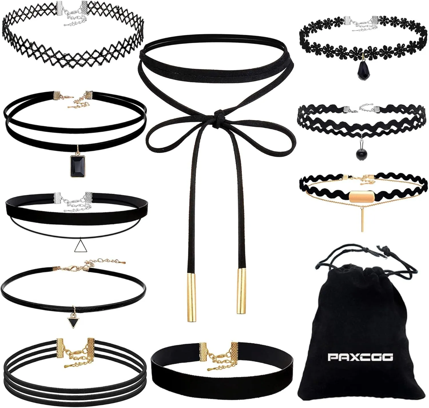 PAXCOO 10PCS Black Velvet Choker Necklaces with A Stroage Bag for Women