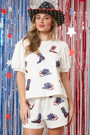 Peach Love Sequin Patriotic Western Cowboy Hat And Boots Shorts In White