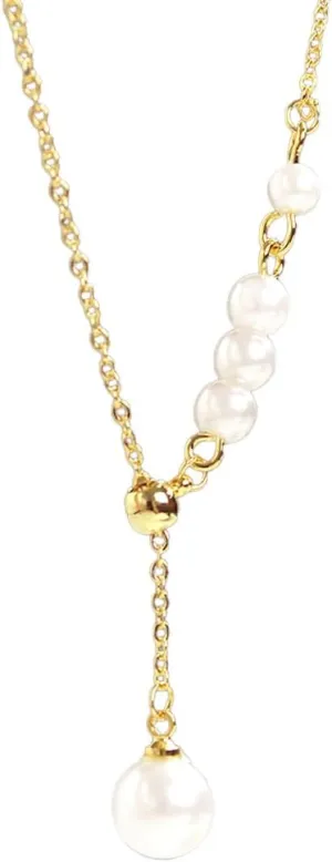 Pearl Drop Y Necklaces 925 Sterling Silver Necklace Bride Dainty Pearl Pendant Necklaces Bridesmaid Pearls Drop Necklace Y-Shaped Layered Pearls Jewelry for Women Birthday Party