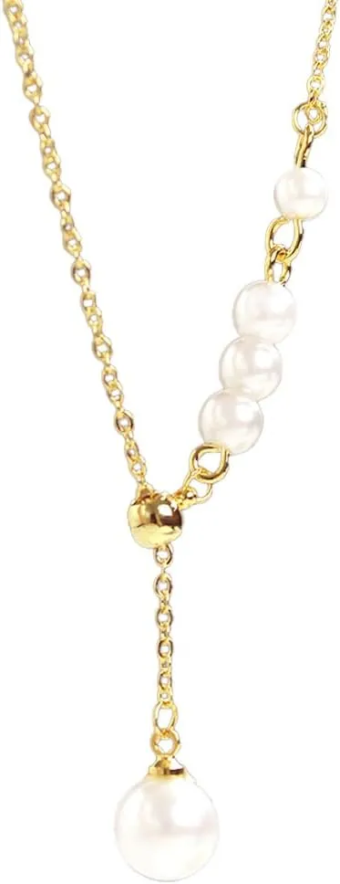 Pearl Drop Y Necklaces 925 Sterling Silver Necklace Bride Dainty Pearl Pendant Necklaces Bridesmaid Pearls Drop Necklace Y-Shaped Layered Pearls Jewelry for Women Birthday Party