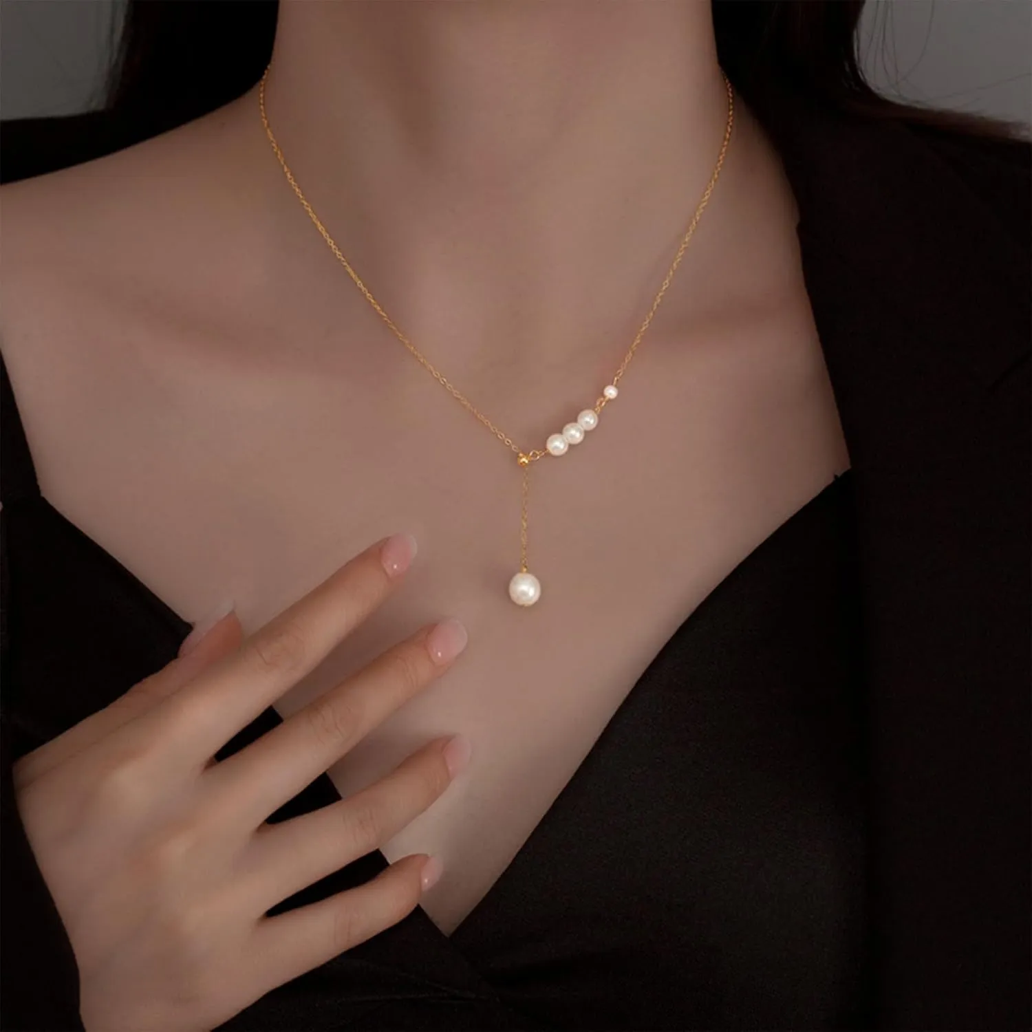 Pearl Drop Y Necklaces 925 Sterling Silver Necklace Bride Dainty Pearl Pendant Necklaces Bridesmaid Pearls Drop Necklace Y-Shaped Layered Pearls Jewelry for Women Birthday Party