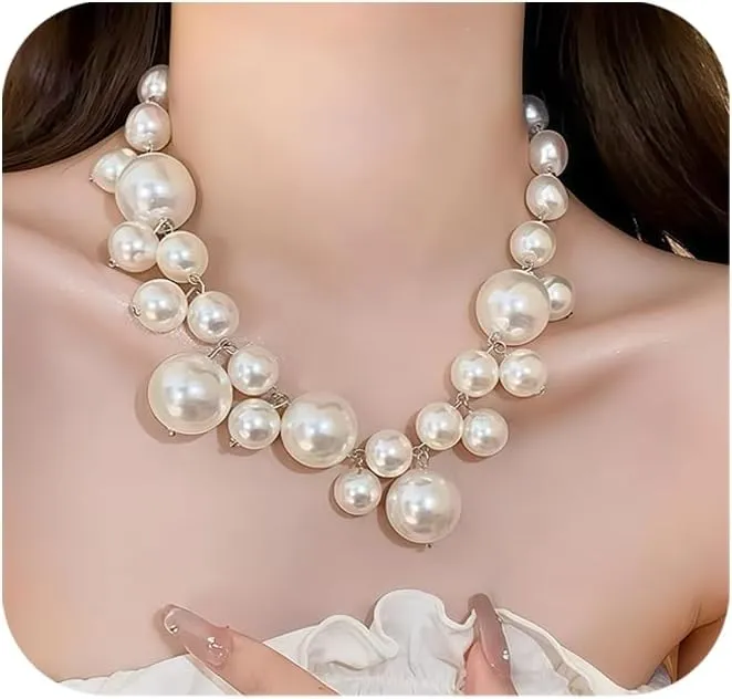 Pearl Necklaces for Women Big Pearl Statement Choker Necklace Adjustable Chunky Pearl Necklaces for Women White Pearl Beaded Necklace Large Pearl Necklace Wedding Pearl Jewelry