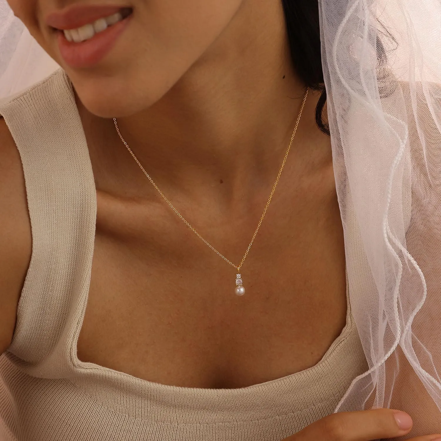 Pearl Necklaces for Women, Dainty Gold Necklace 14K Gold Plated Charm CZ Pearl Pendant Necklace Simple Gold Pearl Choker Necklaces for Women Trendy Wedding Womens Jewelry