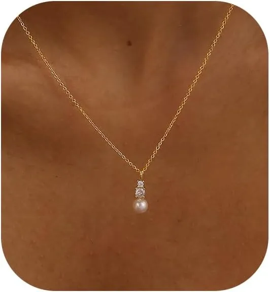 Pearl Necklaces for Women, Dainty Gold Necklace 14K Gold Plated Charm CZ Pearl Pendant Necklace Simple Gold Pearl Choker Necklaces for Women Trendy Wedding Womens Jewelry