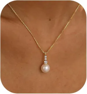 Pearl Necklaces for Women, Dainty Gold Necklace 14K Gold Plated Charm CZ Pearl Pendant Necklace Simple Gold Pearl Choker Necklaces for Women Trendy Wedding Womens Jewelry