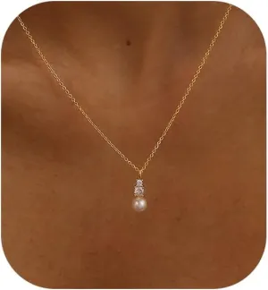 Pearl Necklaces for Women, Dainty Gold Necklace 14K Gold Plated Charm CZ Pearl Pendant Necklace Simple Gold Pearl Choker Necklaces for Women Trendy Wedding Womens Jewelry