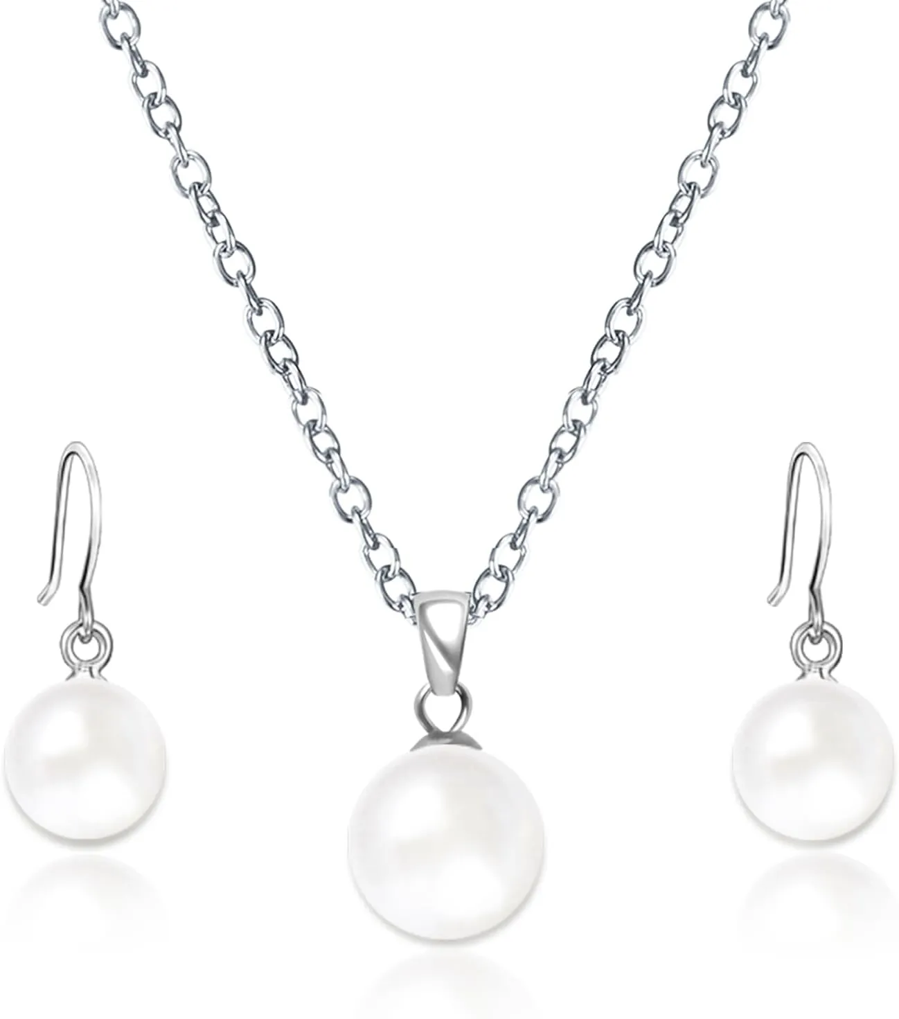 Pearl Pendant Necklace & Earrings Set for WomenClassic Pearl Jewelry Set for Brides and Wedding,12MM Pendant Necklace and 10MM Earrings for Mother or Friends