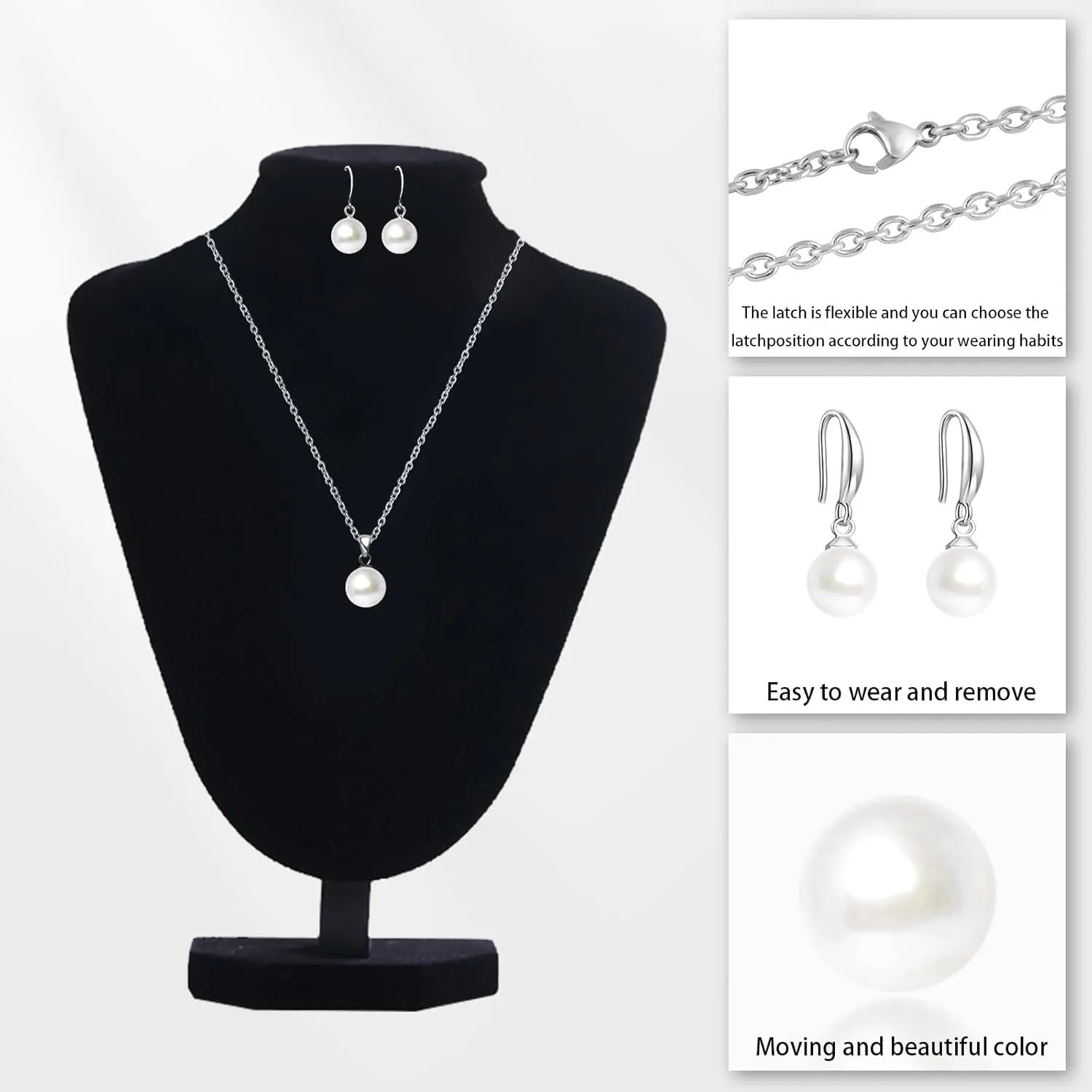 Pearl Pendant Necklace & Earrings Set for WomenClassic Pearl Jewelry Set for Brides and Wedding,12MM Pendant Necklace and 10MM Earrings for Mother or Friends