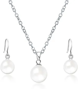 Pearl Pendant Necklace & Earrings Set for WomenClassic Pearl Jewelry Set for Brides and Wedding,12MM Pendant Necklace and 10MM Earrings for Mother or Friends