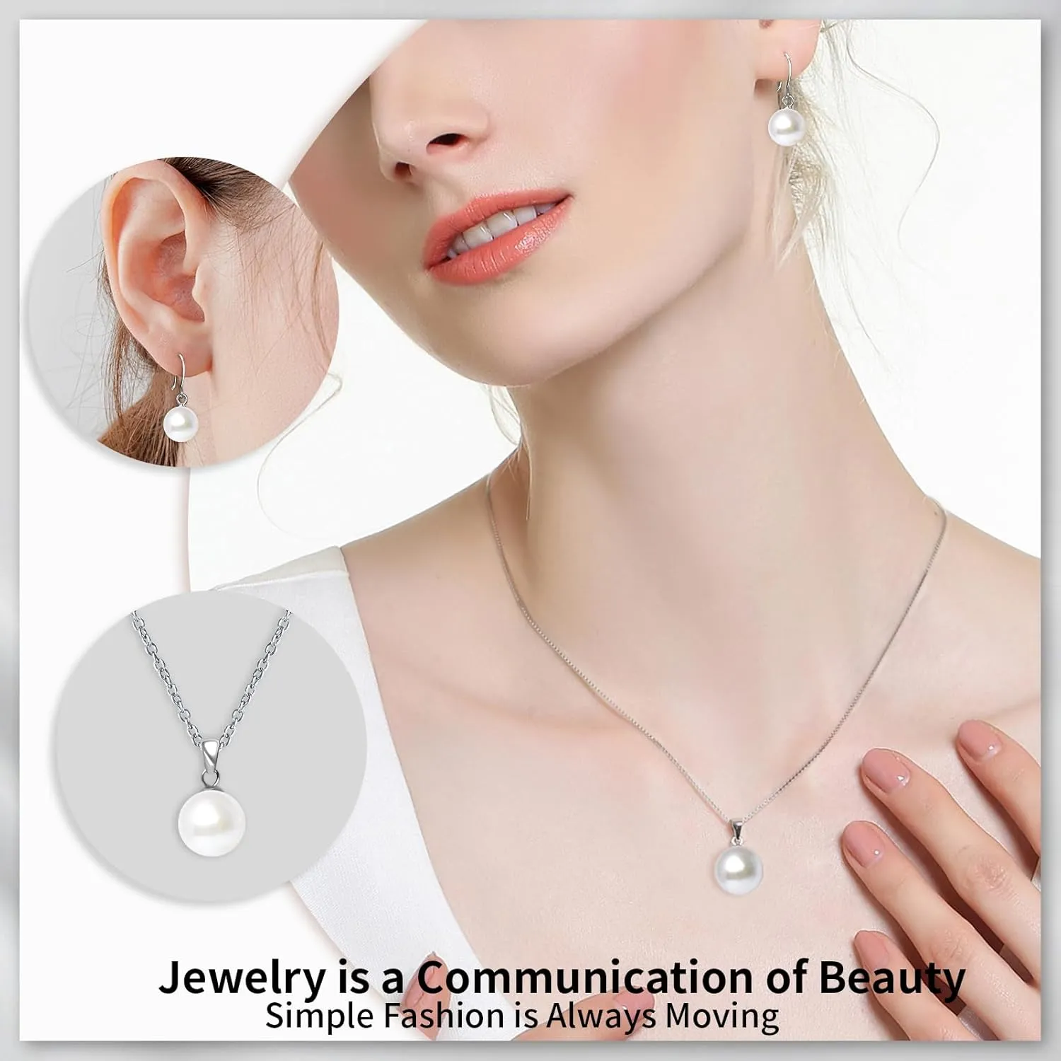 Pearl Pendant Necklace & Earrings Set for WomenClassic Pearl Jewelry Set for Brides and Wedding,12MM Pendant Necklace and 10MM Earrings for Mother or Friends