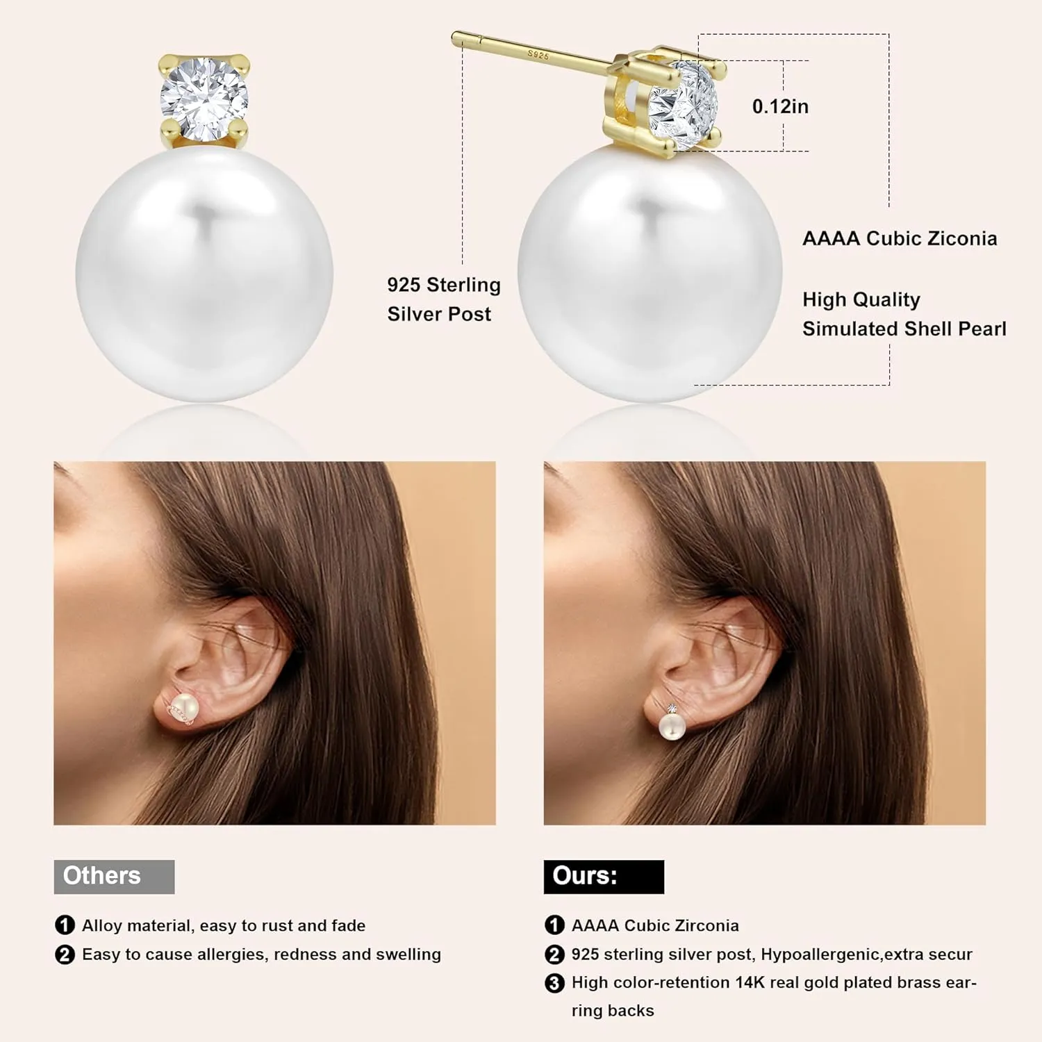 Pearl Stud Earrings for Women 925 Sterling Silver Post 5A Cubic Zirconia Stud Earrings 12MM