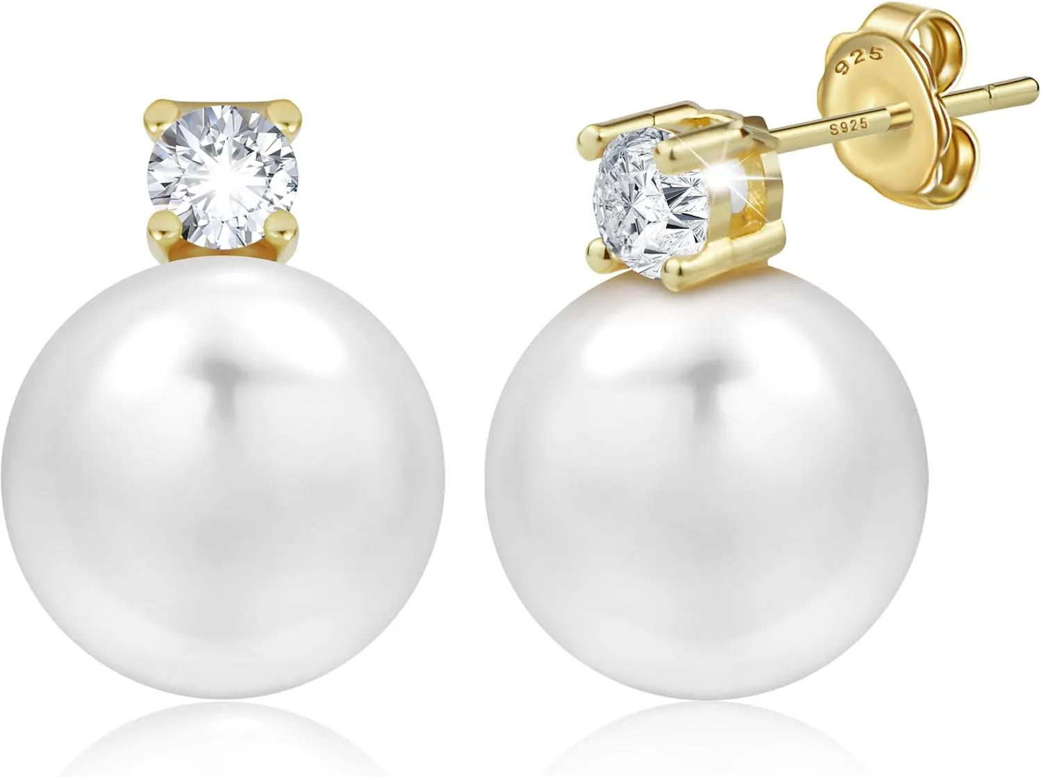 Pearl Stud Earrings for Women 925 Sterling Silver Post 5A Cubic Zirconia Stud Earrings 12MM