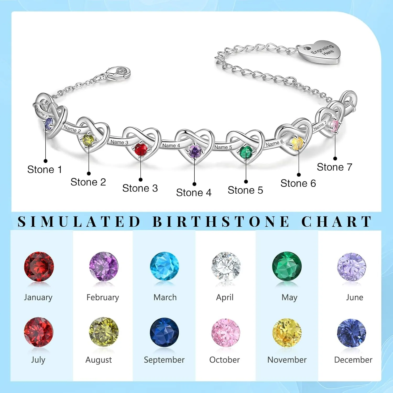Personalized Birthstone Bracelets for Women Infinity Love Heart Charm Name Bracelet with 1-8 Birthstones Jewelry Mothers Day Gifts for Mom Daughter Wife Grandma