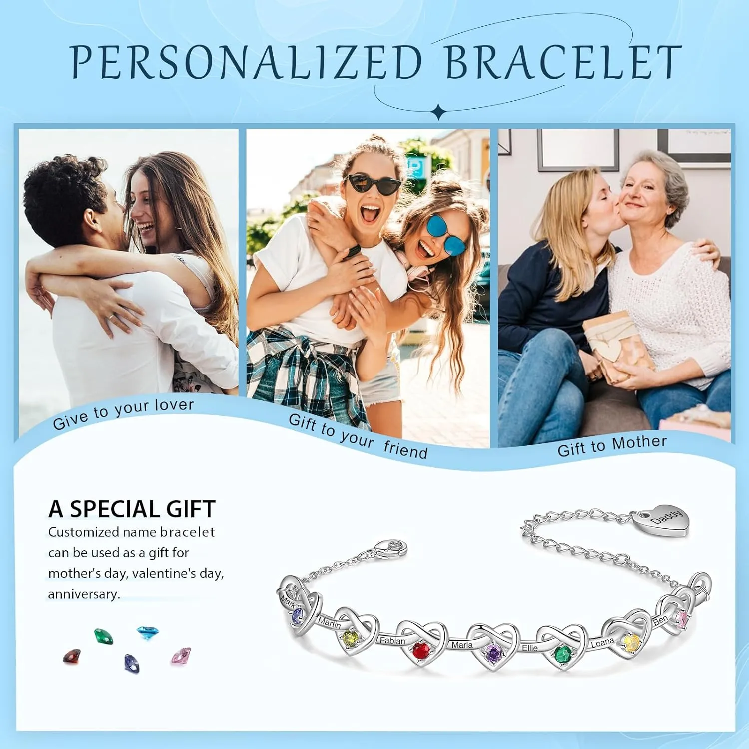 Personalized Birthstone Bracelets for Women Infinity Love Heart Charm Name Bracelet with 1-8 Birthstones Jewelry Mothers Day Gifts for Mom Daughter Wife Grandma