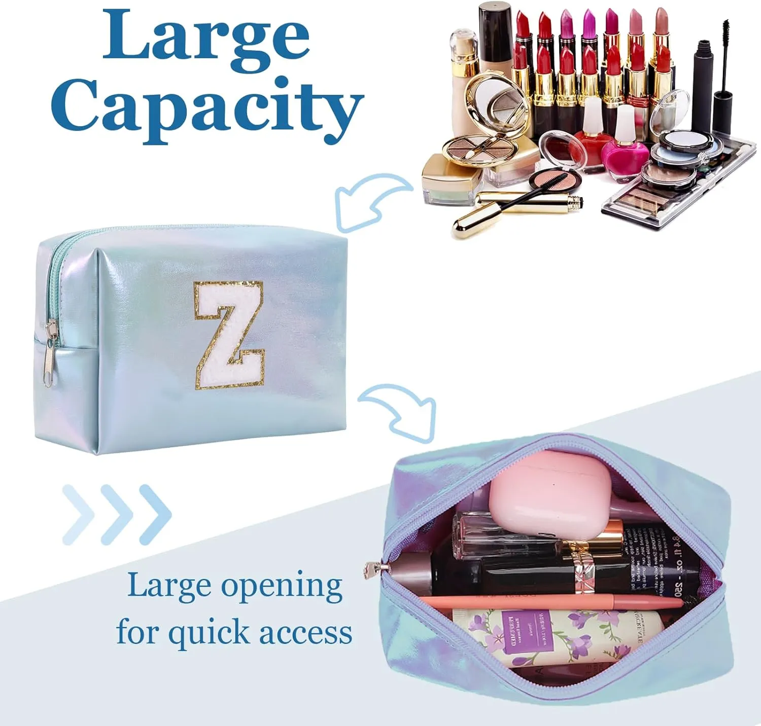Personalized Initial Makeup Bag, Letter Zipper Cosmetic Bag for Womens, Preppy Makeup Bags, Glitter Waterproof Cute Makeup Pouch, Travel Makeup Bags for Mother's Day Birthday GiftsLetter Z)