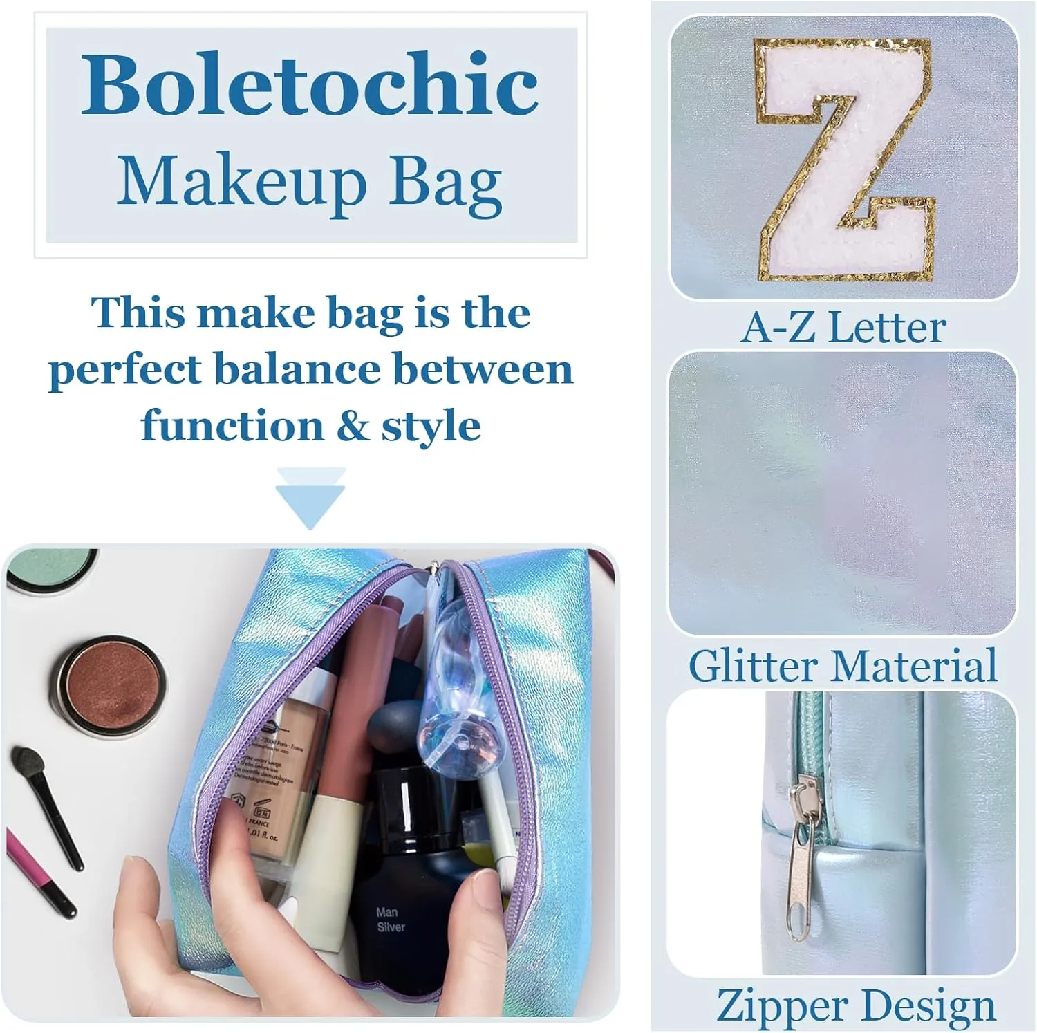 Personalized Initial Makeup Bag, Letter Zipper Cosmetic Bag for Womens, Preppy Makeup Bags, Glitter Waterproof Cute Makeup Pouch, Travel Makeup Bags for Mother's Day Birthday GiftsLetter Z)