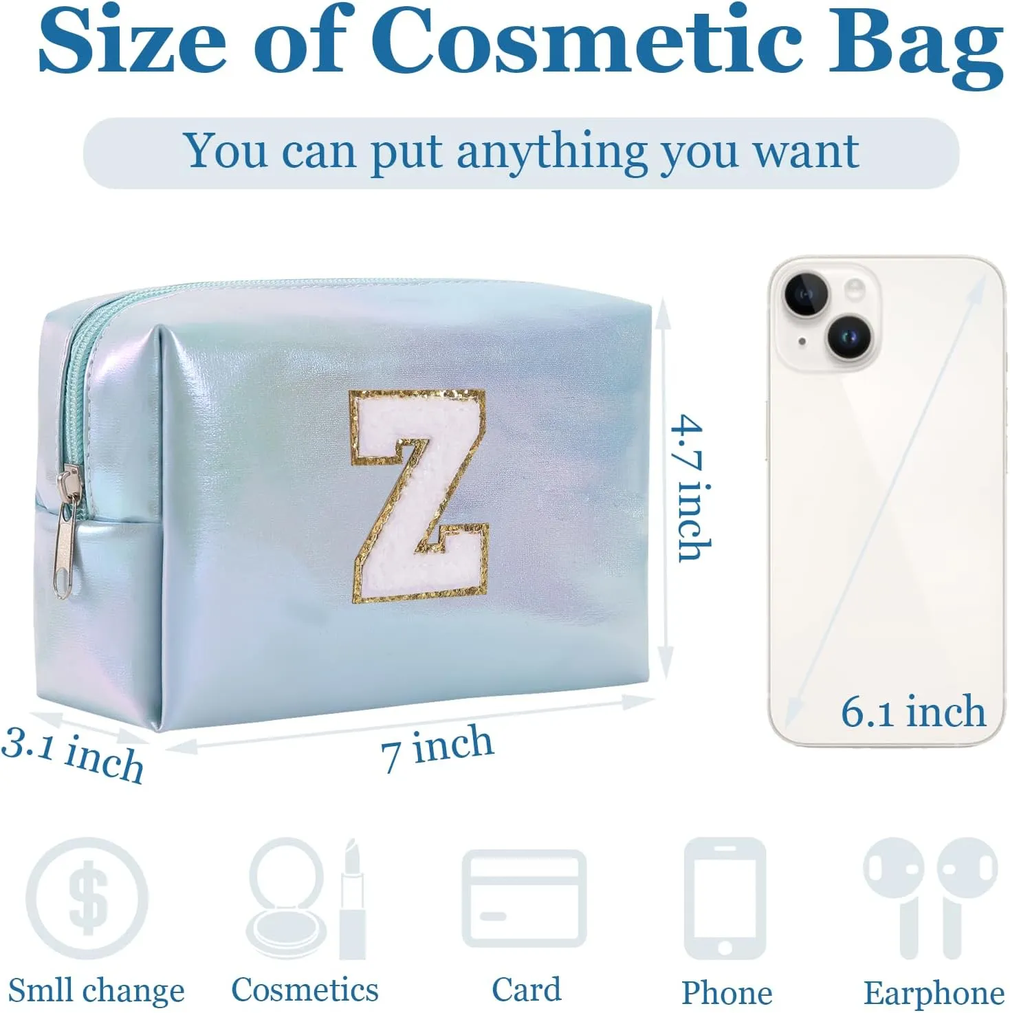 Personalized Initial Makeup Bag, Letter Zipper Cosmetic Bag for Womens, Preppy Makeup Bags, Glitter Waterproof Cute Makeup Pouch, Travel Makeup Bags for Mother's Day Birthday GiftsLetter Z)
