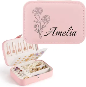 Personalized Jewelry Box for Women, Custom Travel Jewelry Case with Name and Birth Flower, Personalized Jewelry Organizer Bridesmaid Proposal Gifts, Personalized Gifts for Women
