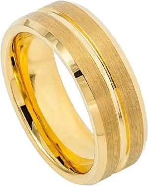 Personalized laser engraving Ring for Men and Ring for Women tungsten Band Rings 8mm Yellow Gold IP Plated Grooved Center Brushed Beveled Edge Wedding Band Ring Ideal Rings for couples