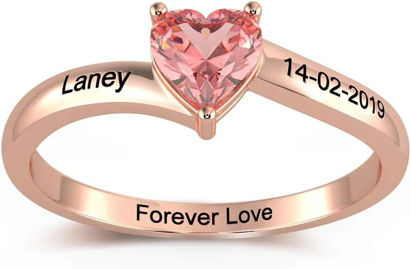 Personalized Promise Rings for Her Heart Simulated Birthstone Rings with Name Couple Rings Engagement Rings Jewelry for Valentines Day (Rose Gold, 8)