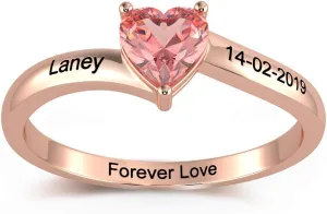 Personalized Promise Rings for Her Heart Simulated Birthstone Rings with Name Couple Rings Engagement Rings Jewelry for Valentines Day (Rose Gold, 8)