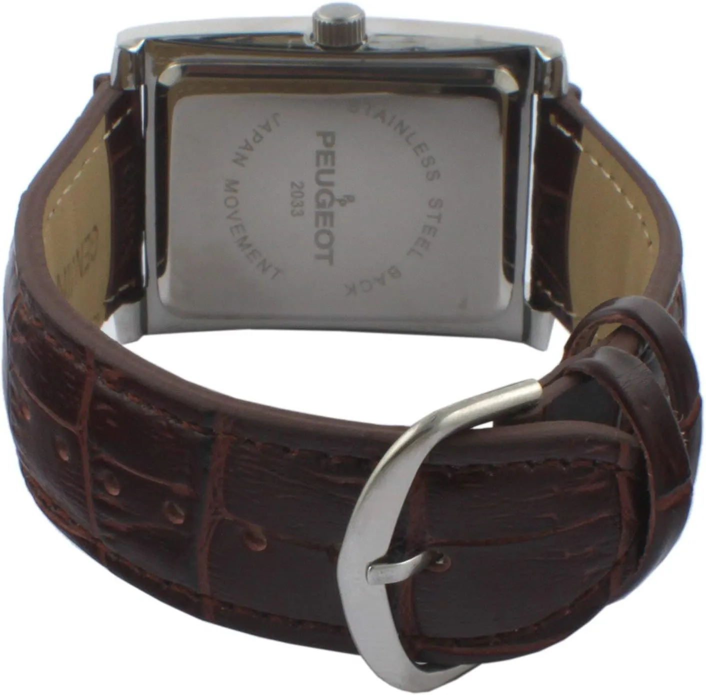 Peugeot Men's Rectangular Textured Roman Numeral Dial Classic Dress Wrist Watch with Leather Strap Band