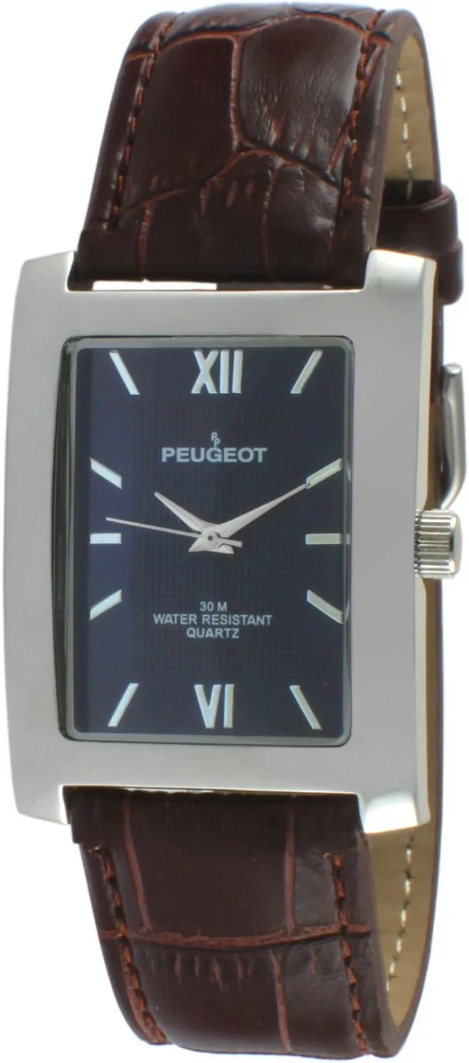 Peugeot Men's Rectangular Textured Roman Numeral Dial Classic Dress Wrist Watch with Leather Strap Band