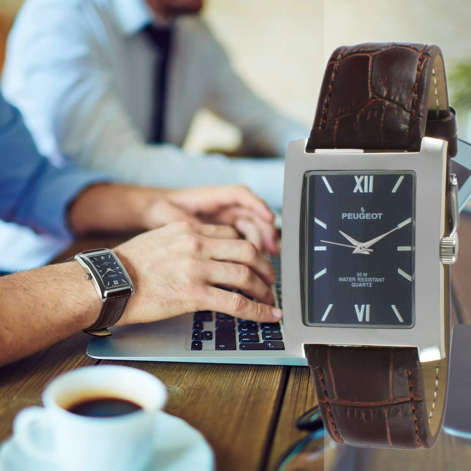 Peugeot Men's Rectangular Textured Roman Numeral Dial Classic Dress Wrist Watch with Leather Strap Band