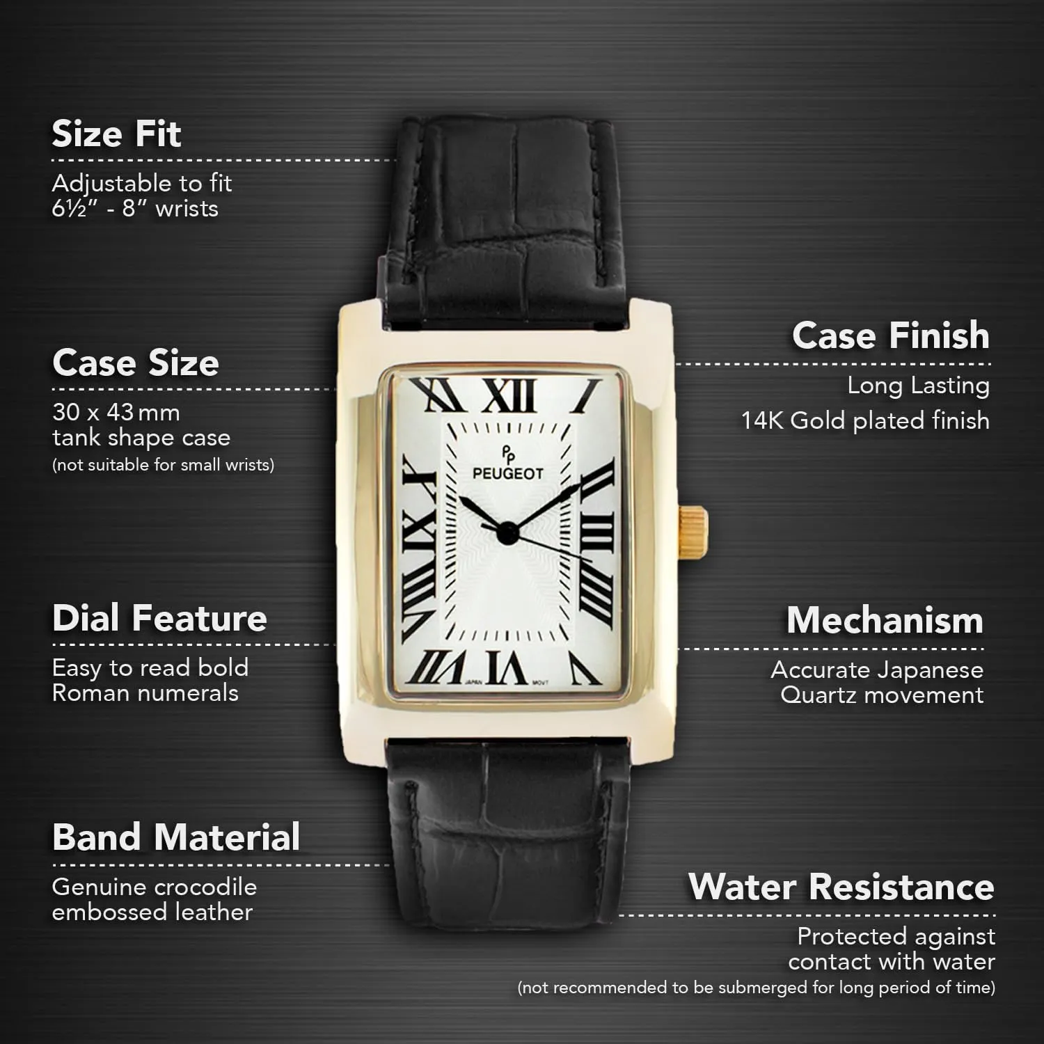 Peugeot Mens Vintage Tank Shape 14K Gold Plated Wrist Watch with Roman Numeral Dial