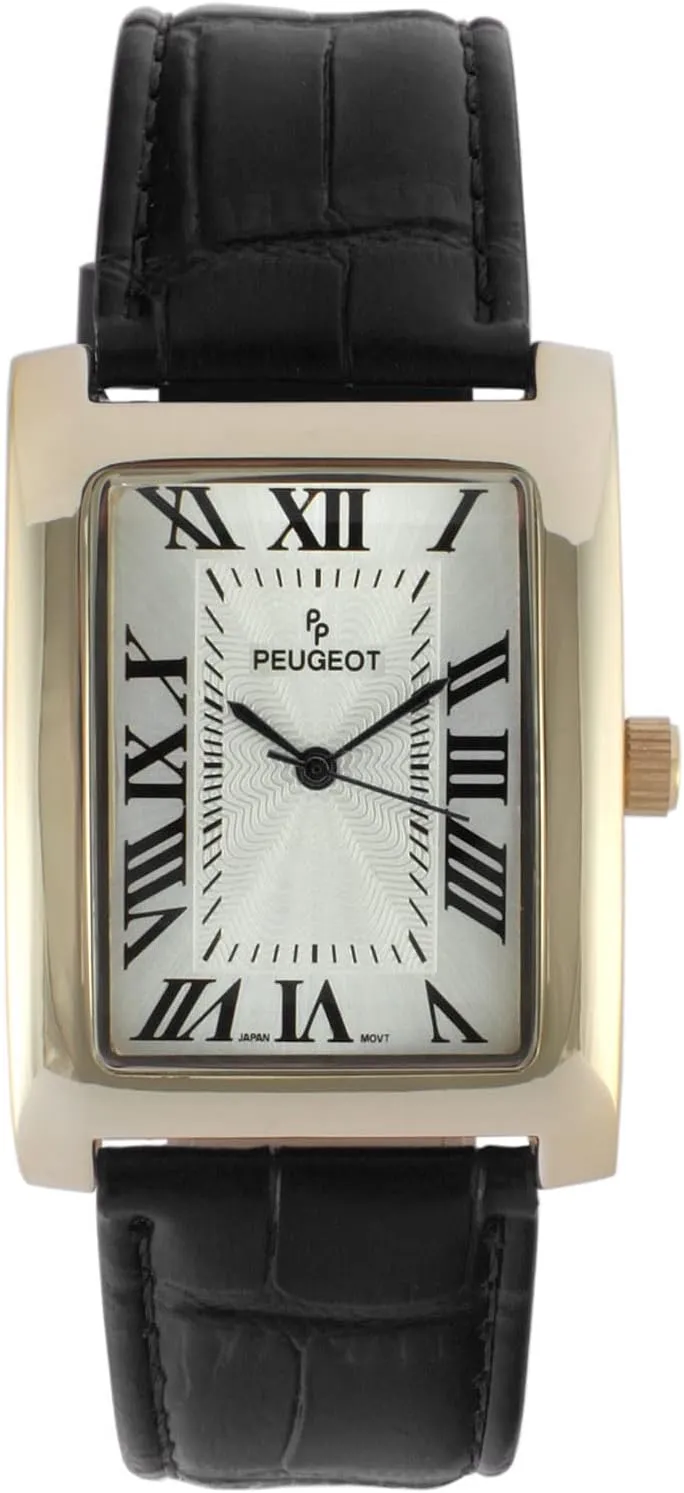 Peugeot Mens Vintage Tank Shape 14K Gold Plated Wrist Watch with Roman Numeral Dial