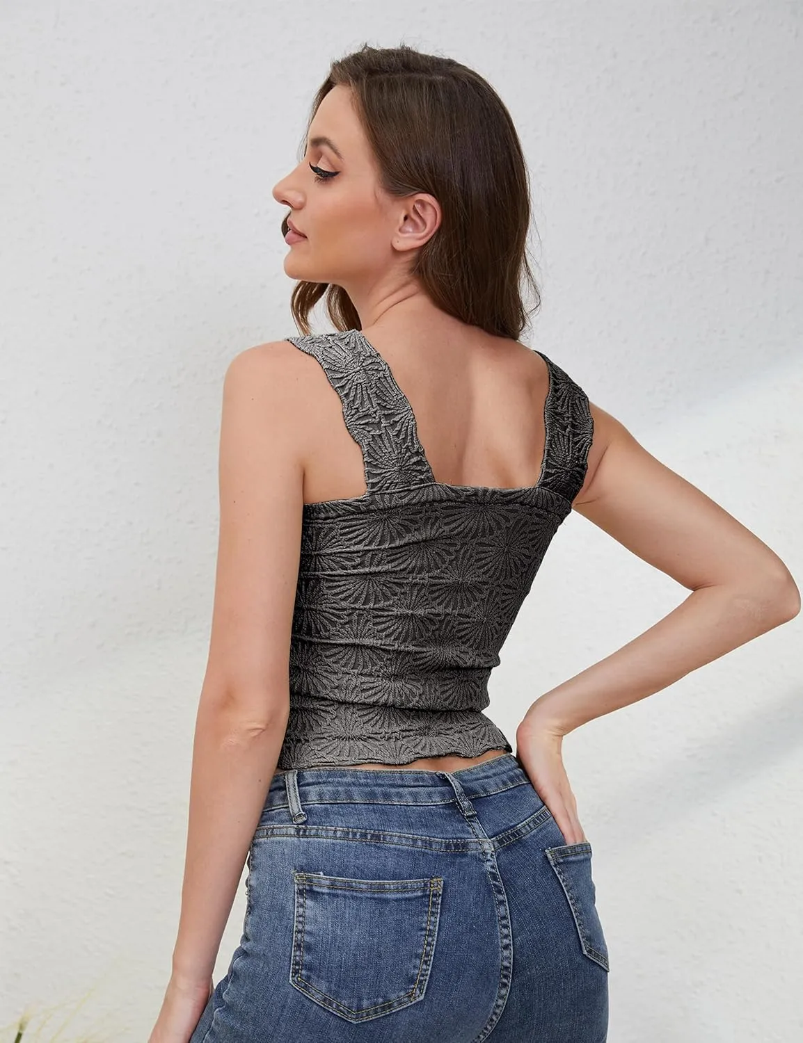 PICPUNMAK Women Square Neck Wide Straps Crop Tank Tops Flower Lettuce Trim Crop Vest Slim Fitted Sleeveless Cropped Cami Top