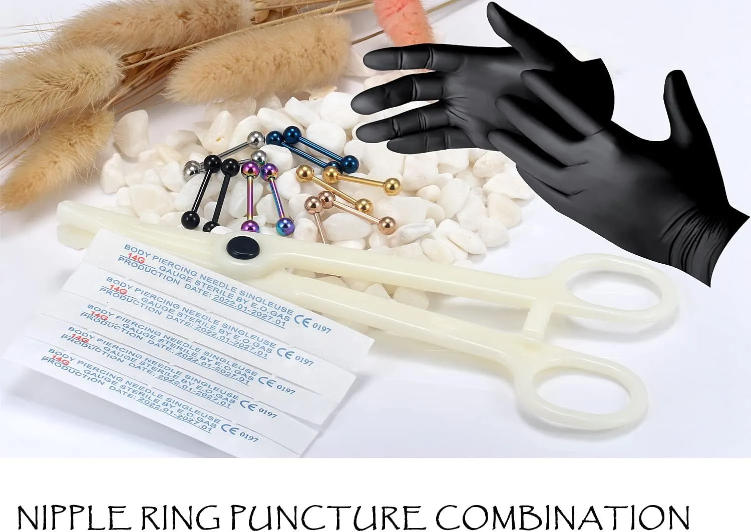 Piercing Kit 14G Nipple Rings Tongue Rings Surgical Stainless Steel Nipple/Tongue Piercing Jewelry kit 14 Gauge Piercing Needles Silver Black Rainbow Nipple ring tongue Ring For Women men