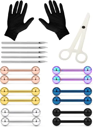 Piercing Kit 14G Nipple Rings Tongue Rings Surgical Stainless Steel Nipple/Tongue Piercing Jewelry kit 14 Gauge Piercing Needles Silver Black Rainbow Nipple ring tongue Ring For Women men