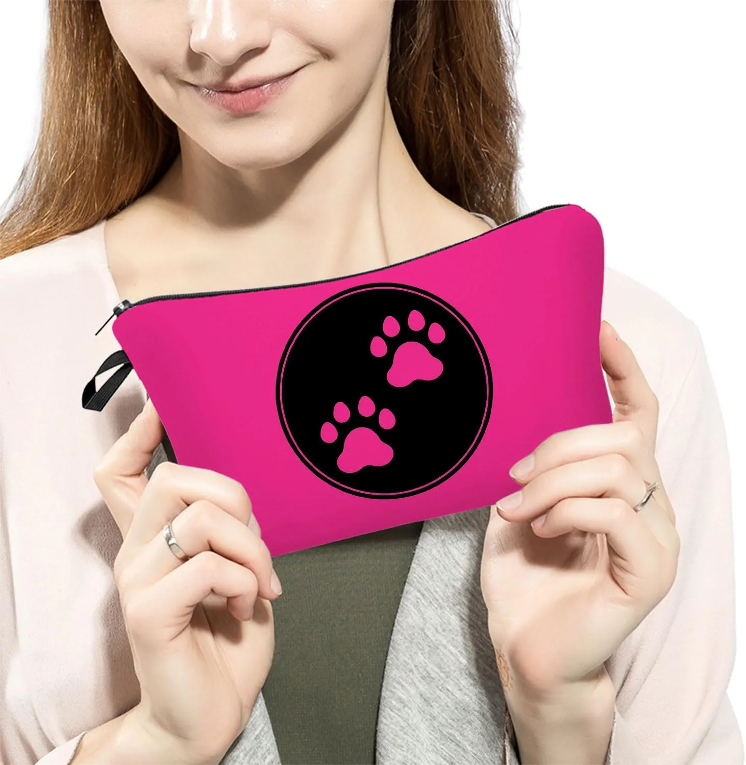 Pink Dog Paw Cosmetic Bag for Women - Cute Small Makeup Pouch for Purse, Travel Toiletry Zipper Pouch - Gift for Dog Lovers and Girls