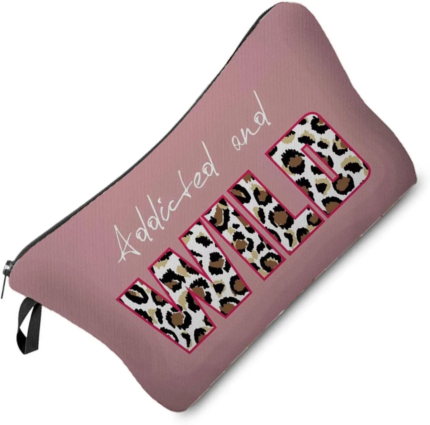 Pink Leopard Makeup Bag Cute Small Organizer Zipper Pouch Addicted and Wild Cosmetic Bag Cheetah Leopard Letters Presents for Ladys Women Friends