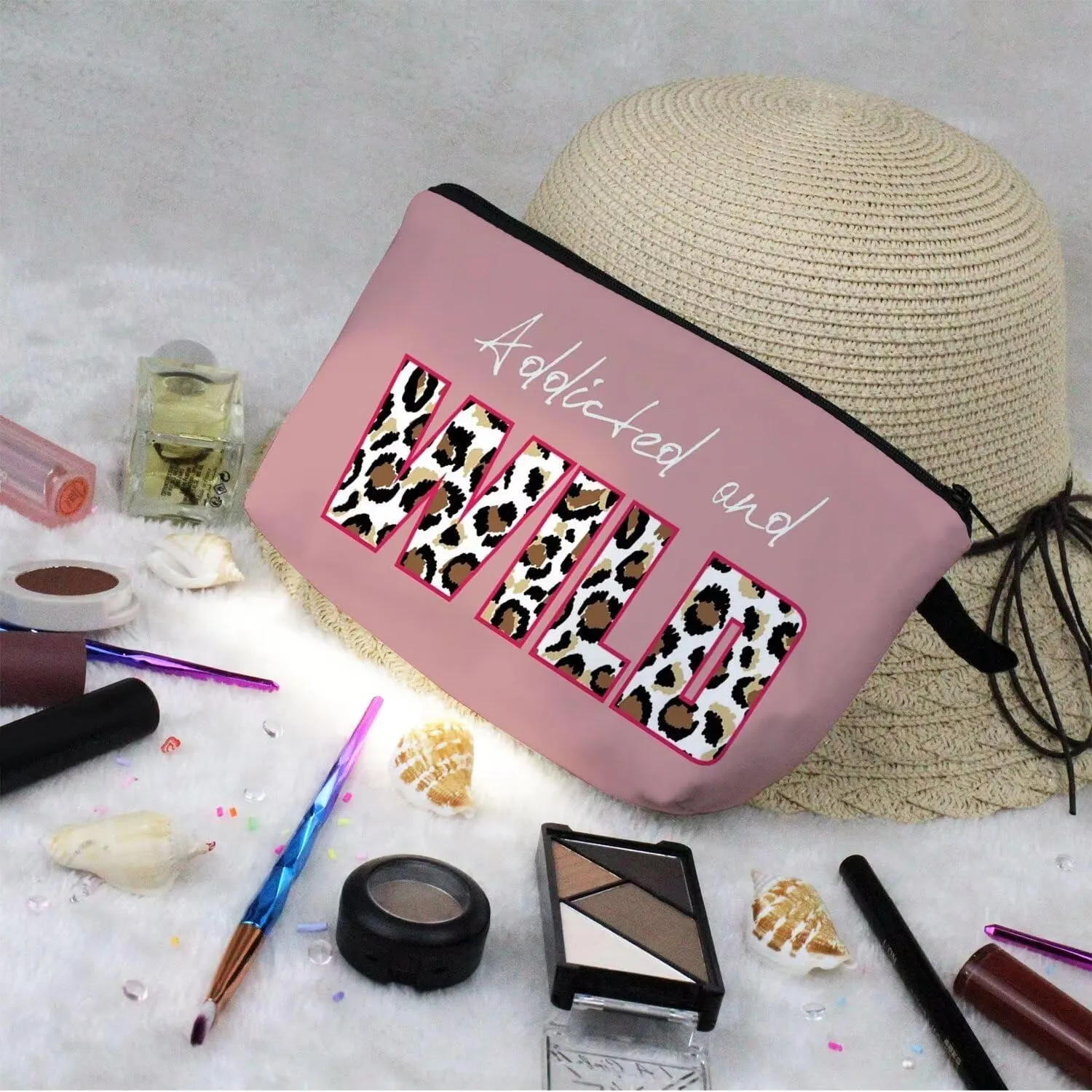 Pink Leopard Makeup Bag Cute Small Organizer Zipper Pouch Addicted and Wild Cosmetic Bag Cheetah Leopard Letters Presents for Ladys Women Friends