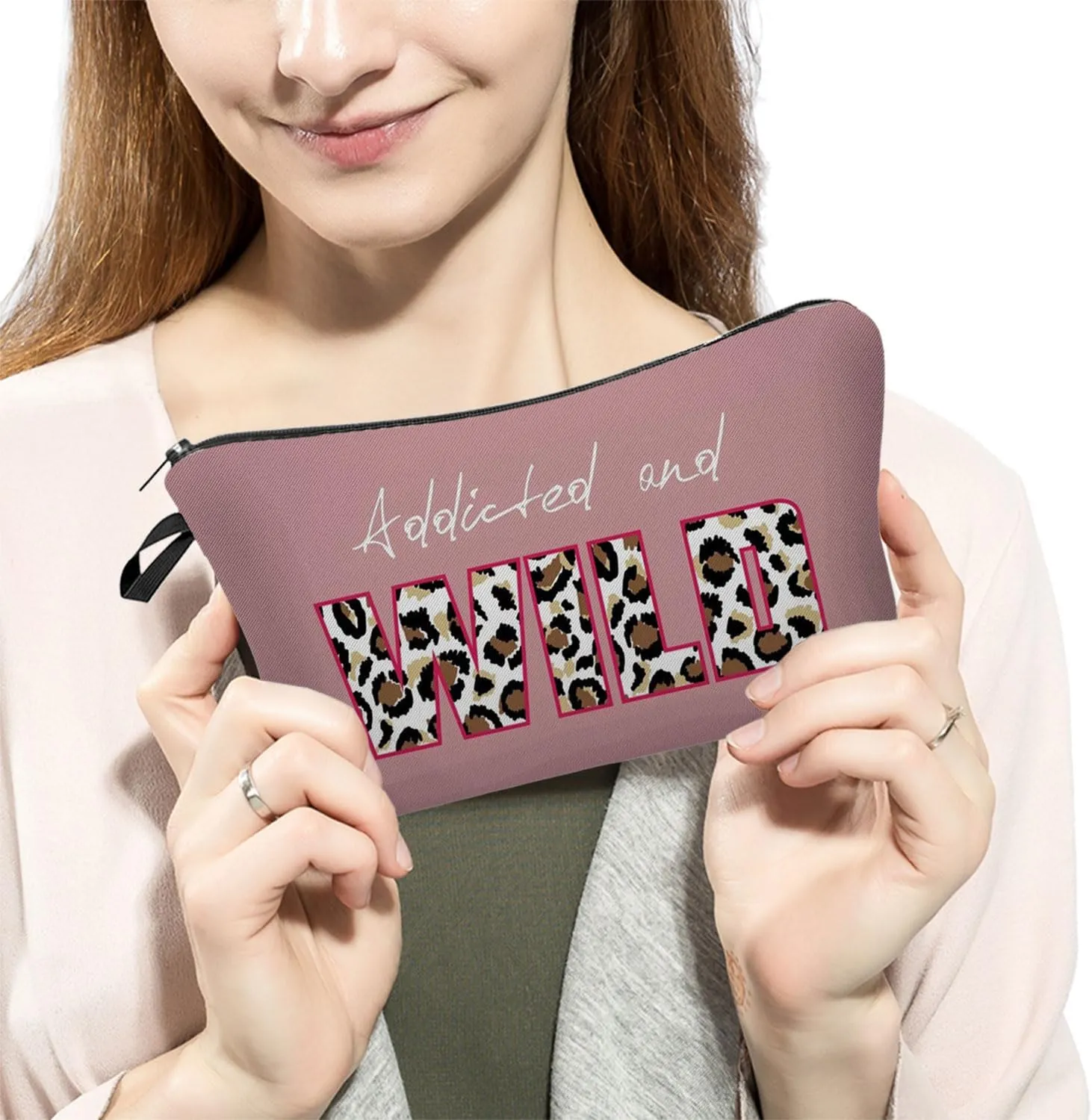 Pink Leopard Makeup Bag Cute Small Organizer Zipper Pouch Addicted and Wild Cosmetic Bag Cheetah Leopard Letters Presents for Ladys Women Friends