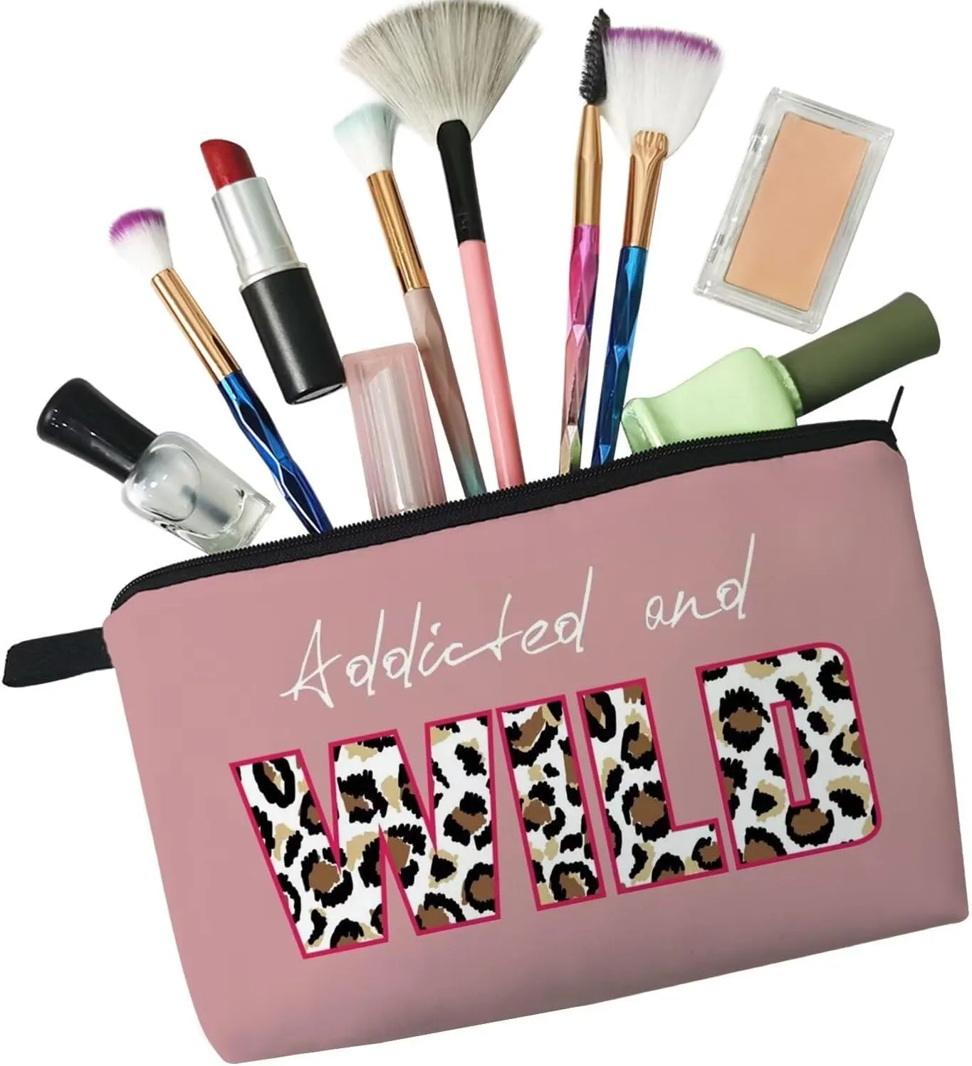 Pink Leopard Makeup Bag Cute Small Organizer Zipper Pouch Addicted and Wild Cosmetic Bag Cheetah Leopard Letters Presents for Ladys Women Friends